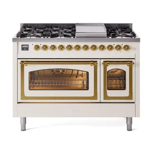 Ilve UN48FNMPAWGLP Ilve Un48Fnmpawglp Nostalgie Ii Noblesse 48" Dual Fuel Range (8 Sealed Burners   Griddle, Liquid Propane, Triple Glass Door, Antique White, Brass) Freestanding Ranges freestanding dual fuel range 30 inch