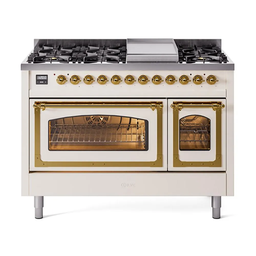 Ilve UN48FNMPAWGLP Ilve Un48Fnmpawglp Nostalgie Ii Noblesse 48" Dual Fuel Range (8 Sealed Burners   Griddle, Liquid Propane, Triple Glass Door, Antique White, Brass) Freestanding Ranges freestanding dual fuel range 30 inch