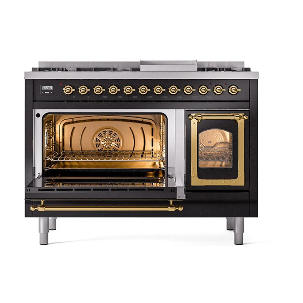 Ilve UN48FNMPBKGLP Ilve Un48Fnmpbkglp Nostalgie Ii Noblesse 48" Dual Fuel Range (8 Sealed Burners   Griddle, Liquid Propane, Triple Glass Door, Glossy Black, Brass)