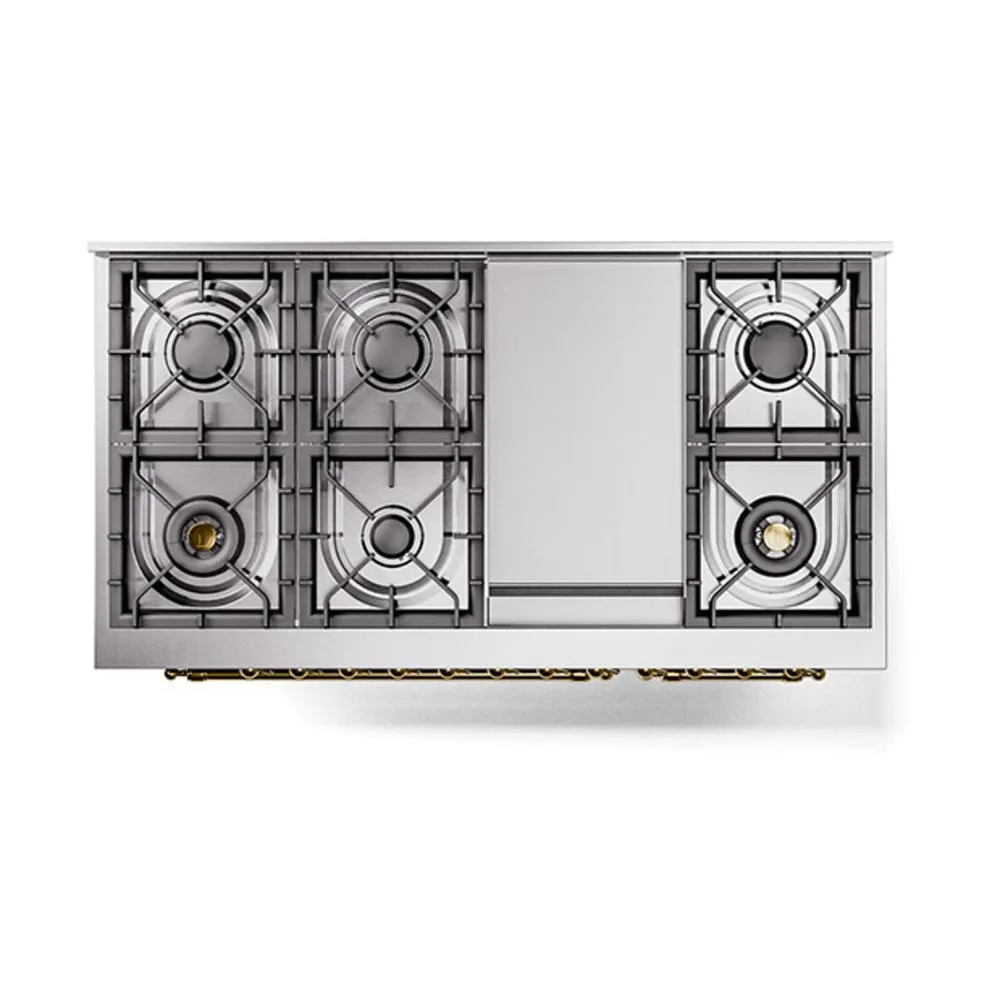 Ilve UN48FNMPBKGLP Ilve Un48Fnmpbkglp Nostalgie Ii Noblesse 48" Dual Fuel Range (8 Sealed Burners   Griddle, Liquid Propane, Triple Glass Door, Glossy Black, Brass)