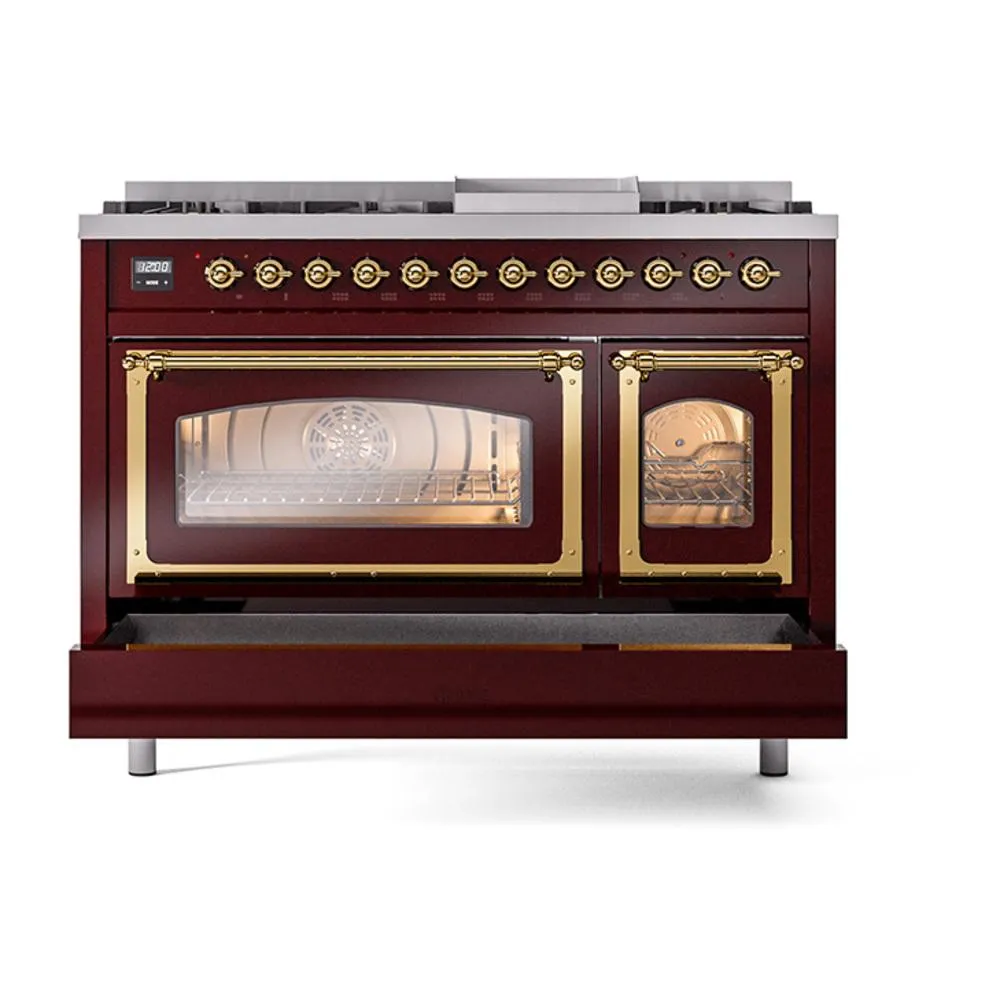 Ilve UN48FNMPBUGLP Ilve Un48Fnmpbuglp Nostalgie Ii Noblesse 48" Dual Fuel Range (8 Sealed Burners   Griddle, Liquid Propane, Triple Glass Door, Burgundy, Brass)