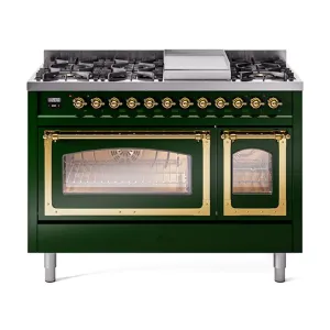 Ilve UN48FNMPEGG Ilve Un48Fnmpegg Nostalgie Ii Noblesse 48" Dual Fuel Range (8 Sealed Burners   Griddle, Natural Gas, Triple Glass Door, Emerald Green, Brass) Freestanding Ranges freestanding dual fuel range 30 inch