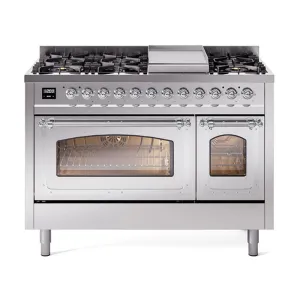 Ilve UN48FNMPSSCLP Ilve Un48Fnmpssclp Nostalgie Ii Noblesse 48" Dual Fuel Range (8 Sealed Burners   Griddle, Liquid Propane, Triple Glass Door, Stainless Steel, Chrome) Freestanding Ranges freestanding dual fuel range 30 inch