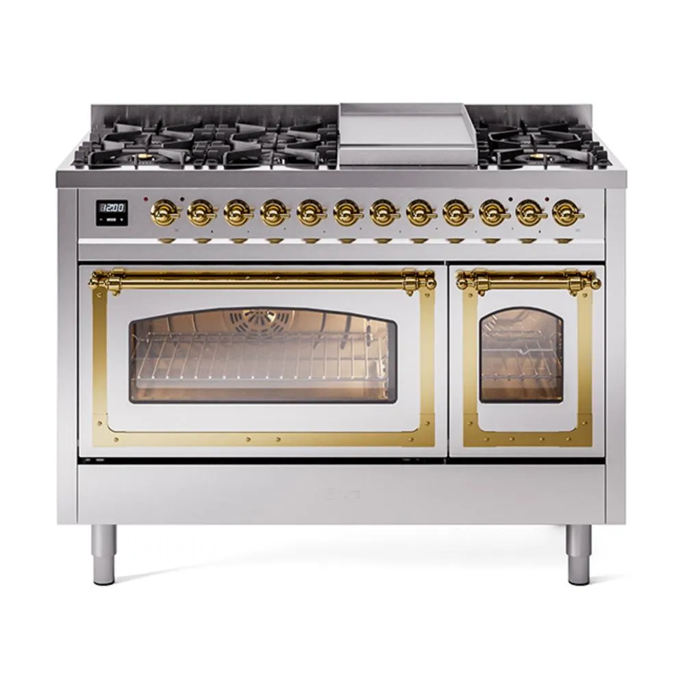Ilve UN48FNMPSSGLP Ilve Un48Fnmpssglp Nostalgie Ii Noblesse 48" Dual Fuel Range (8 Sealed Burners   Griddle, Liquid Propane, Triple Glass Door, Stainless Steel, Brass) Freestanding Ranges freestanding dual fuel range 30 inch