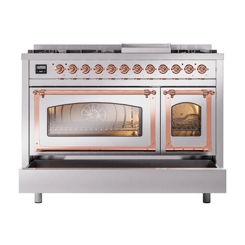 Ilve UN48FNMPSSPLP Ilve Un48Fnmpssplp Nostalgie Ii Noblesse 48" Dual Fuel Range (8 Sealed Burners   Griddle, Liquid Propane, Triple Glass Door, Stainless Steel, Copper)