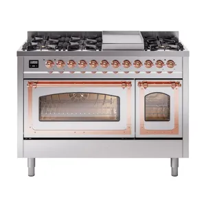 Ilve UN48FNMPSSPLP Ilve Un48Fnmpssplp Nostalgie Ii Noblesse 48" Dual Fuel Range (8 Sealed Burners   Griddle, Liquid Propane, Triple Glass Door, Stainless Steel, Copper) Freestanding Ranges freestanding dual fuel range 30 inch