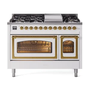 Ilve UN48FNMPWHG Ilve Un48Fnmpwhg Nostalgie Ii Noblesse 48" Dual Fuel Range (8 Sealed Burners   Griddle, Natural Gas, Triple Glass Door, White, Brass) Freestanding Ranges freestanding dual fuel range 30 inch