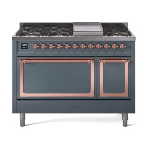 Ilve UN48FQNMPBGP Ilve Un48Fqnmpbgp Nostalgie Ii Noblesse 48" Dual Fuel Range (8 Sealed Burners   Griddle, Natural Gas, Solid Door, Blue Grey, Copper) Freestanding Ranges freestanding dual fuel range 30 inch