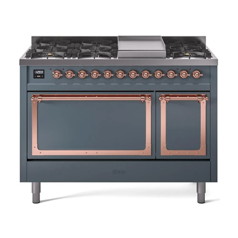 Ilve UN48FQNMPBGP Ilve Un48Fqnmpbgp Nostalgie Ii Noblesse 48" Dual Fuel Range (8 Sealed Burners   Griddle, Natural Gas, Solid Door, Blue Grey, Copper) Freestanding Ranges freestanding dual fuel range 30 inch