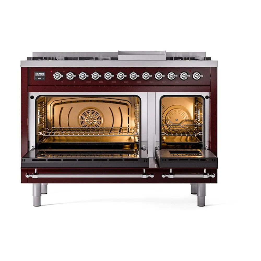 Ilve UN48FQNMPBUC Ilve Un48Fqnmpbuc Nostalgie Ii Noblesse 48" Dual Fuel Range (8 Sealed Burners   Griddle, Natural Gas, Solid Door, Burgundy, Chrome)