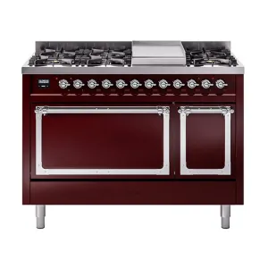 Ilve UN48FQNMPBUCLP Ilve Un48Fqnmpbuclp Nostalgie Ii Noblesse 48" Dual Fuel Range (8 Sealed Burners   Griddle, Liquid Propane, Solid Door, Burgundy, Chrome) Freestanding Ranges freestanding dual fuel range 30 inch
