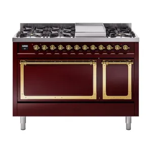 Ilve UN48FQNMPBUGLP Ilve Un48Fqnmpbuglp Nostalgie Ii Noblesse 48" Dual Fuel Range (8 Sealed Burners   Griddle, Liquid Propane, Solid Door, Burgundy, Brass) Freestanding Ranges freestanding dual fuel range 30 inch