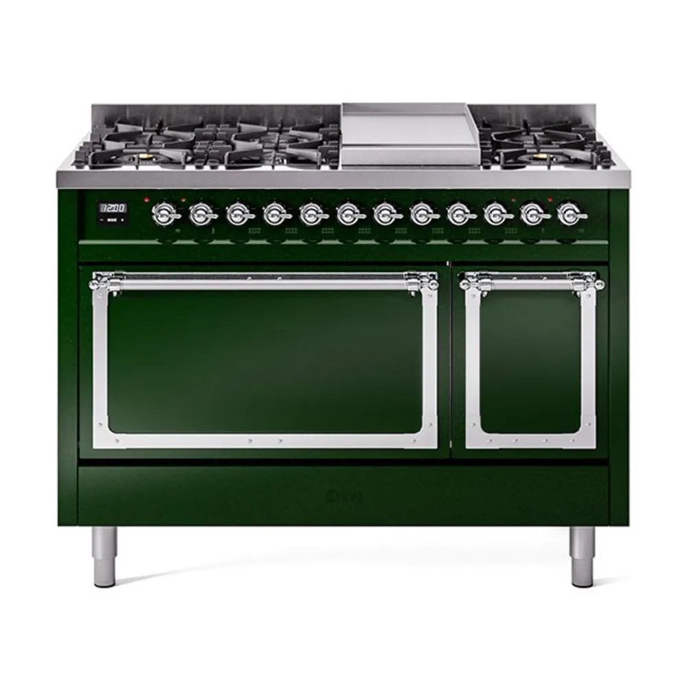 Ilve UN48FQNMPEGCLP Ilve Un48Fqnmpegclp Nostalgie Ii Noblesse 48" Dual Fuel Range (8 Sealed Burners   Griddle, Liquid Propane, Solid Door, Emerald Green, Chrome) Freestanding Ranges freestanding dual fuel range 30 inch