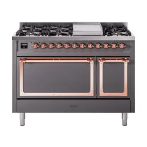Ilve UN48FQNMPMGPLP Ilve Un48Fqnmpmgplp Nostalgie Ii Noblesse 48" Dual Fuel Range (8 Sealed Burners   Griddle, Liquid Propane, Solid Door, Graphite Matte, Copper) Freestanding Ranges freestanding dual fuel range 30 inch