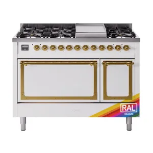 Ilve UN48FQNMPRAG Ilve Un48Fqnmprag Nostalgie Ii Noblesse 48" Dual Fuel Range (8 Sealed Burners   Griddle, Natural Gas, Solid Door, Ral, Brass) Freestanding Ranges freestanding dual fuel range 30 inch