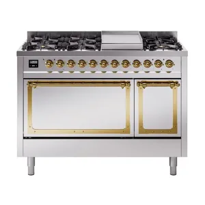 Ilve UN48FQNMPSSG Ilve Un48Fqnmpssg Nostalgie Ii Noblesse 48" Dual Fuel Range (8 Sealed Burners   Griddle, Natural Gas, Solid Door, Stainless Steel, Brass) Freestanding Ranges freestanding dual fuel range 30 inch