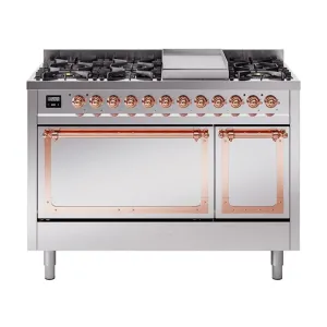 Ilve UN48FQNMPSSP Ilve Un48Fqnmpssp Nostalgie Ii Noblesse 48" Dual Fuel Range (8 Sealed Burners   Griddle, Natural Gas, Solid Door, Stainless Steel, Copper) Freestanding Ranges freestanding dual fuel range 30 inch