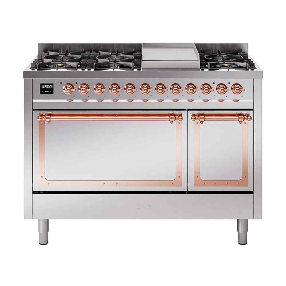 Ilve UN48FQNMPSSP Ilve Un48Fqnmpssp Nostalgie Ii Noblesse 48" Dual Fuel Range (8 Sealed Burners   Griddle, Natural Gas, Solid Door, Stainless Steel, Copper) Freestanding Ranges freestanding dual fuel range 30 inch