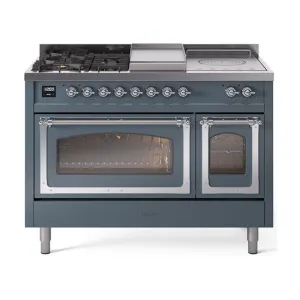 Ilve UN48FSNMPBGCLP Ilve Un48Fsnmpbgclp Nostalgie Ii Noblesse 48" Dual Fuel Range (5 Sealed Burners   Griddle   French Top, Liquid Propane, Triple Glass Door, Blue Grey, Chrome) Freestanding Ranges freestanding dual fuel range 30 inch