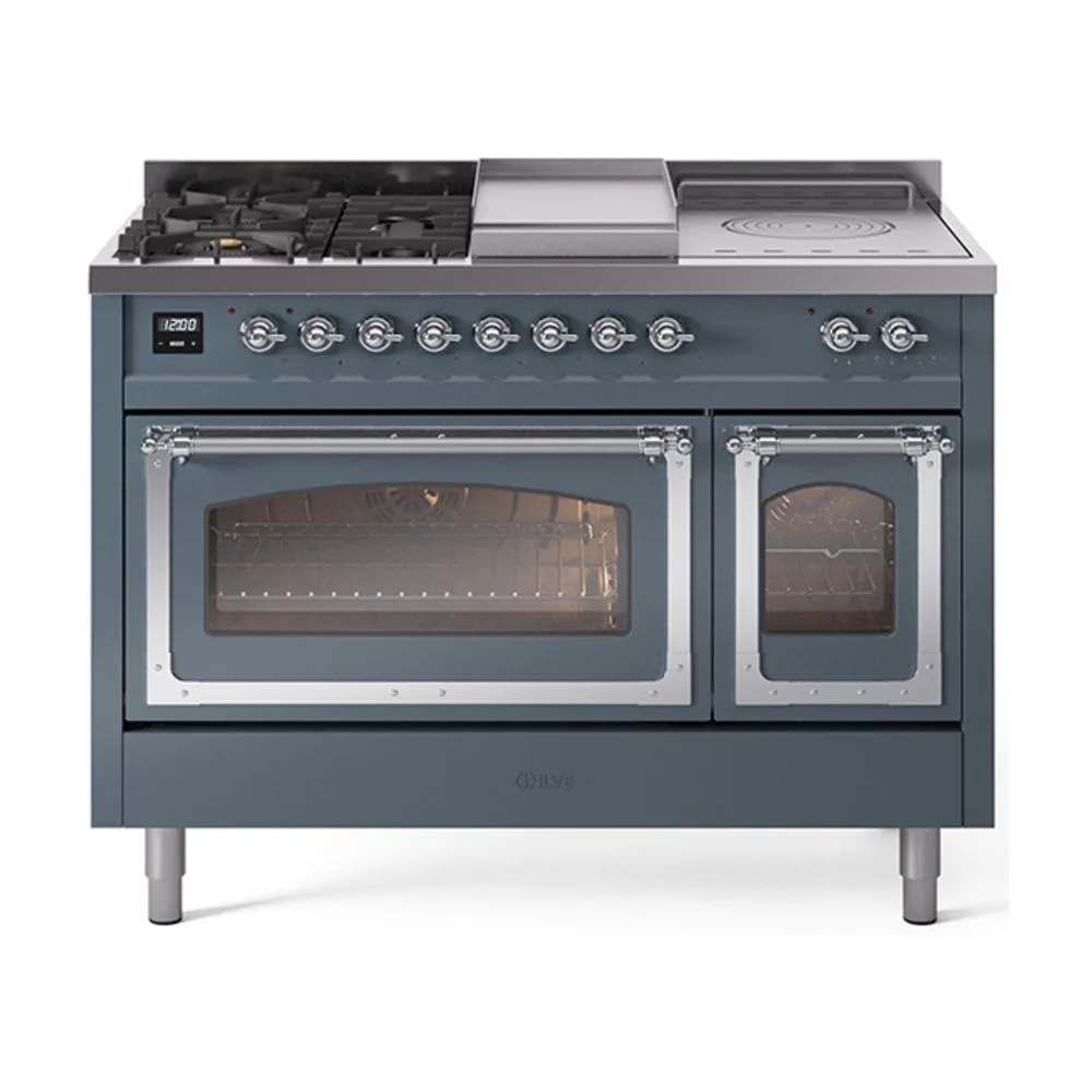 Ilve UN48FSNMPBGCLP Ilve Un48Fsnmpbgclp Nostalgie Ii Noblesse 48" Dual Fuel Range (5 Sealed Burners   Griddle   French Top, Liquid Propane, Triple Glass Door, Blue Grey, Chrome) Freestanding Ranges freestanding dual fuel range 30 inch