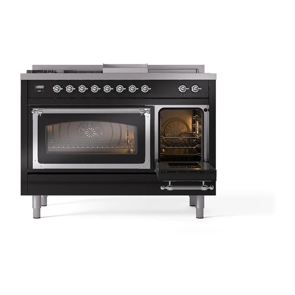 Ilve UN48FSNMPBKCLP Ilve Un48Fsnmpbkclp Nostalgie Ii Noblesse 48" Dual Fuel Range (5 Sealed Burners   Griddle   French Top, Liquid Propane, Triple Glass Door, Glossy Black, Chrome)