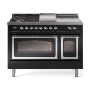 Ilve UN48FSNMPBKCLP Ilve Un48Fsnmpbkclp Nostalgie Ii Noblesse 48" Dual Fuel Range (5 Sealed Burners   Griddle   French Top, Liquid Propane, Triple Glass Door, Glossy Black, Chrome) Freestanding Ranges freestanding dual fuel range 30 inch
