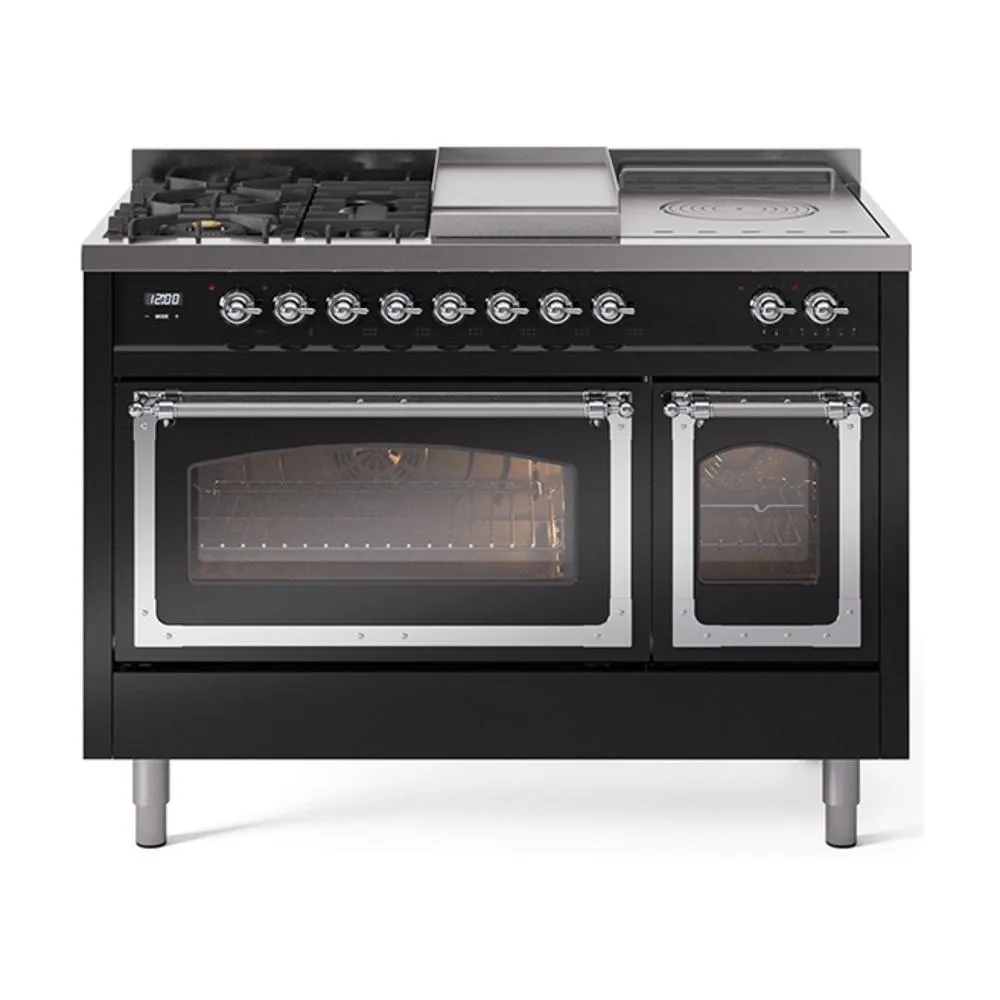 Ilve UN48FSNMPBKCLP Ilve Un48Fsnmpbkclp Nostalgie Ii Noblesse 48" Dual Fuel Range (5 Sealed Burners   Griddle   French Top, Liquid Propane, Triple Glass Door, Glossy Black, Chrome) Freestanding Ranges freestanding dual fuel range 30 inch