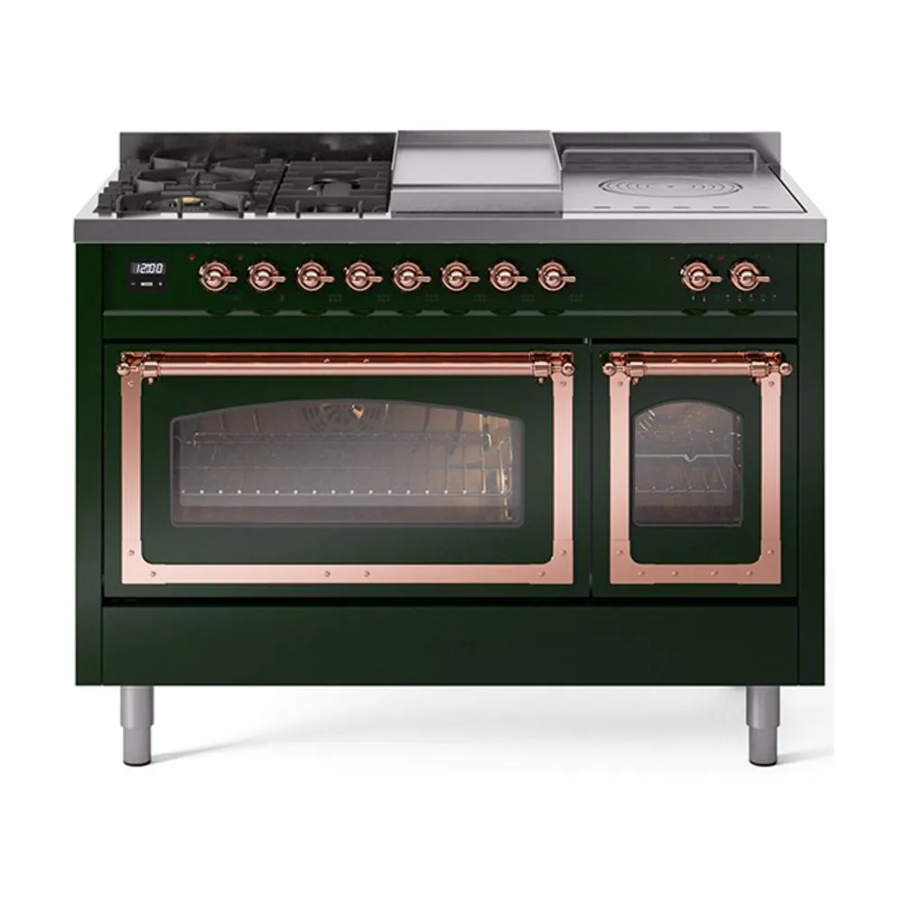 Ilve UN48FSNMPEGP Ilve Un48Fsnmpegp Nostalgie Ii Noblesse 48" Dual Fuel Range (5 Sealed Burners   Griddle   French Top, Natural Gas, Triple Glass Door, Emerald Green, Copper) Freestanding Ranges freestanding dual fuel range 30 inch