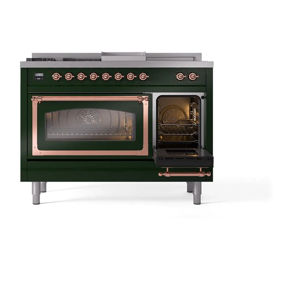 Ilve UN48FSNMPEGP Ilve Un48Fsnmpegp Nostalgie Ii Noblesse 48" Dual Fuel Range (5 Sealed Burners   Griddle   French Top, Natural Gas, Triple Glass Door, Emerald Green, Copper)
