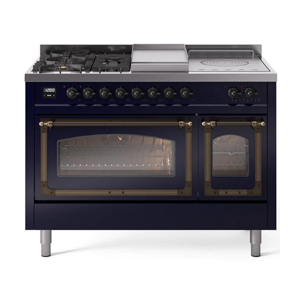 Ilve UN48FSNMPMBB Ilve Un48Fsnmpmbb Nostalgie Ii Noblesse 48" Dual Fuel Range (5 Sealed Burners   Griddle   French Top, Natural Gas, Triple Glass Door, Midnight Blue, Burnished) Freestanding Ranges freestanding dual fuel range 30 inch