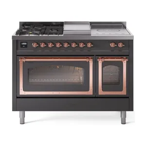 Ilve UN48FSNMPMGPLP Ilve Un48Fsnmpmgplp Nostalgie Ii Noblesse 48" Dual Fuel Range (5 Sealed Burners   Griddle   French Top, Liquid Propane, Triple Glass Door, Graphite Matte, Copper) Freestanding Ranges freestanding dual fuel range 30 inch