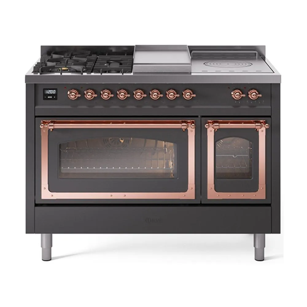 Ilve UN48FSNMPMGPLP Ilve Un48Fsnmpmgplp Nostalgie Ii Noblesse 48" Dual Fuel Range (5 Sealed Burners   Griddle   French Top, Liquid Propane, Triple Glass Door, Graphite Matte, Copper) Freestanding Ranges freestanding dual fuel range 30 inch