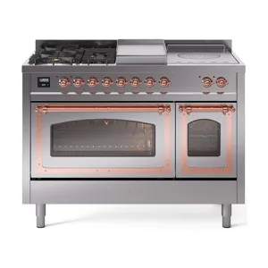 Ilve UN48FSNMPSSP Ilve Un48Fsnmpssp Nostalgie Ii Noblesse 48" Dual Fuel Range (5 Sealed Burners   Griddle   French Top, Natural Gas, Triple Glass Door, Stainless Steel, Copper) Freestanding Ranges freestanding dual fuel range 30 inch