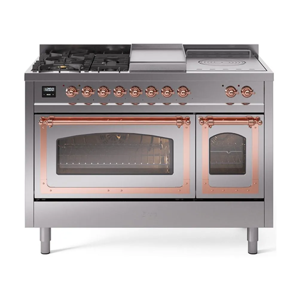 Ilve UN48FSNMPSSP Ilve Un48Fsnmpssp Nostalgie Ii Noblesse 48" Dual Fuel Range (5 Sealed Burners   Griddle   French Top, Natural Gas, Triple Glass Door, Stainless Steel, Copper) Freestanding Ranges freestanding dual fuel range 30 inch