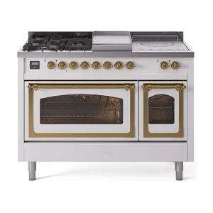 Ilve UN48FSNMPWHG Ilve Un48Fsnmpwhg Nostalgie Ii Noblesse 48" Dual Fuel Range (5 Sealed Burners   Griddle   French Top, Natural Gas, Triple Glass Door, White, Brass) Freestanding Ranges freestanding dual fuel range 30 inch