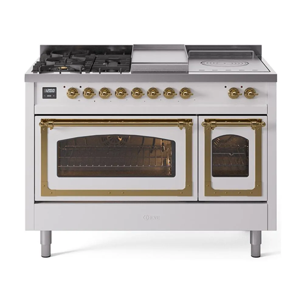 Ilve UN48FSNMPWHG Ilve Un48Fsnmpwhg Nostalgie Ii Noblesse 48" Dual Fuel Range (5 Sealed Burners   Griddle   French Top, Natural Gas, Triple Glass Door, White, Brass) Freestanding Ranges freestanding dual fuel range 30 inch