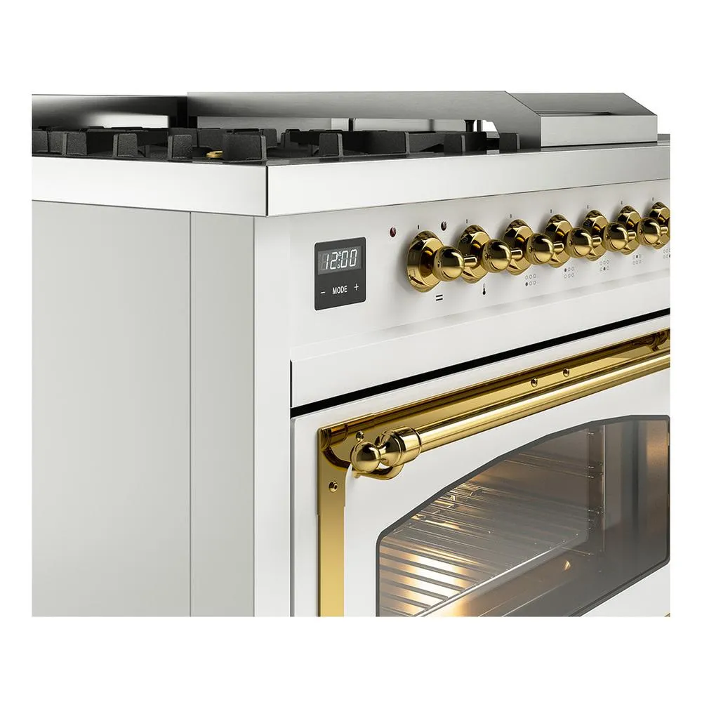 Ilve UN48FSNMPWHG Ilve Un48Fsnmpwhg Nostalgie Ii Noblesse 48" Dual Fuel Range (5 Sealed Burners   Griddle   French Top, Natural Gas, Triple Glass Door, White, Brass)