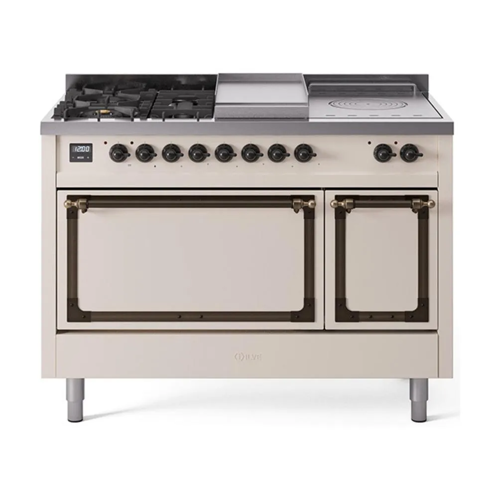 Ilve UN48FSQNMPAWBLP Ilve Un48Fsqnmpawblp Nostalgie Ii Noblesse 48" Dual Fuel Range (5 Sealed Burners   Griddle   French Top, Liquid Propane, Solid Door, Antique White, Burnished) Freestanding Ranges freestanding dual fuel range 30 inch