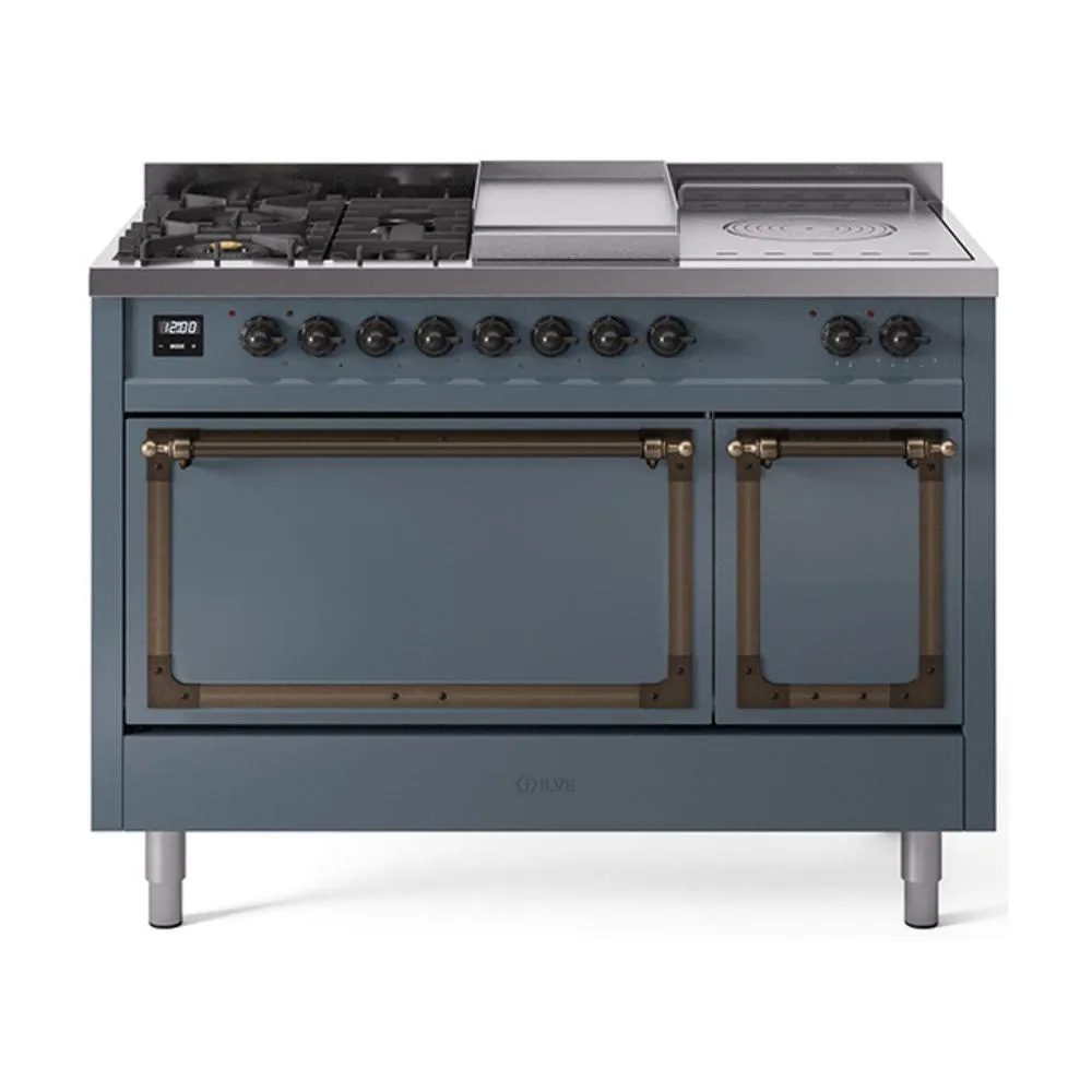 Ilve UN48FSQNMPBGB Ilve Un48Fsqnmpbgb Nostalgie Ii Noblesse 48" Dual Fuel Range (5 Sealed Burners   Griddle   French Top, Natural Gas, Solid Door, Blue Grey, Burnished) Freestanding Ranges freestanding dual fuel range 30 inch