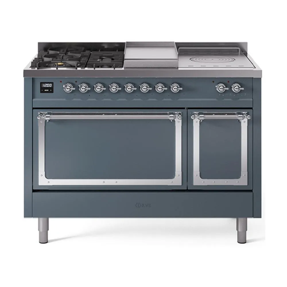 Ilve UN48FSQNMPBGC Ilve Un48Fsqnmpbgc Nostalgie Ii Noblesse 48" Dual Fuel Range (5 Sealed Burners   Griddle   French Top, Natural Gas, Solid Door, Blue Grey, Chrome) Freestanding Ranges freestanding dual fuel range 30 inch
