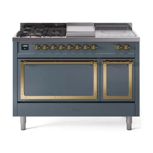 Ilve UN48FSQNMPBGG Ilve Un48Fsqnmpbgg Nostalgie Ii Noblesse 48" Dual Fuel Range (5 Sealed Burners   Griddle   French Top, Natural Gas, Solid Door, Blue Grey, Brass) Freestanding Ranges freestanding dual fuel range 30 inch