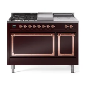 Ilve UN48FSQNMPBUP Ilve Un48Fsqnmpbup Nostalgie Ii Noblesse 48" Dual Fuel Range (5 Sealed Burners   Griddle   French Top, Natural Gas, Solid Door, Burgundy, Copper) Freestanding Ranges freestanding dual fuel range 30 inch
