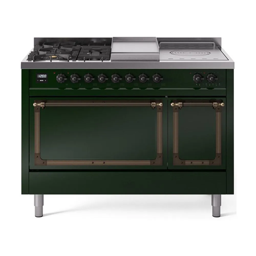 Ilve UN48FSQNMPEGB Ilve Un48Fsqnmpegb Nostalgie Ii Noblesse 48" Dual Fuel Range (5 Sealed Burners   Griddle   French Top, Natural Gas, Solid Door, Emerald Green, Burnished) Freestanding Ranges freestanding dual fuel range 30 inch