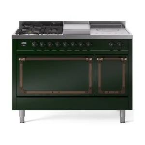 Ilve UN48FSQNMPEGB Ilve Un48Fsqnmpegb Nostalgie Ii Noblesse 48" Dual Fuel Range (5 Sealed Burners   Griddle   French Top, Natural Gas, Solid Door, Emerald Green, Burnished) Freestanding Ranges freestanding dual fuel range 30 inch