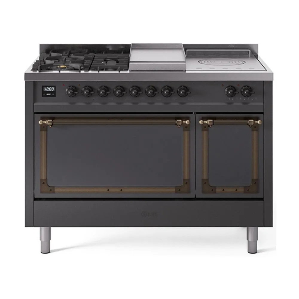 Ilve UN48FSQNMPMGBLP Ilve Un48Fsqnmpmgblp Nostalgie Ii Noblesse 48" Dual Fuel Range (5 Sealed Burners   Griddle   French Top, Liquid Propane, Solid Door, Graphite Matte, Burnished) Freestanding Ranges freestanding dual fuel range 30 inch