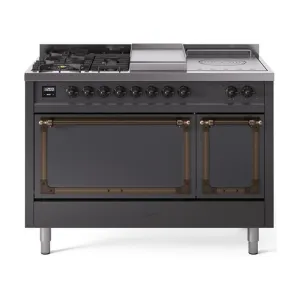 Ilve UN48FSQNMPMGBLP Ilve Un48Fsqnmpmgblp Nostalgie Ii Noblesse 48" Dual Fuel Range (5 Sealed Burners   Griddle   French Top, Liquid Propane, Solid Door, Graphite Matte, Burnished) Freestanding Ranges freestanding dual fuel range 30 inch