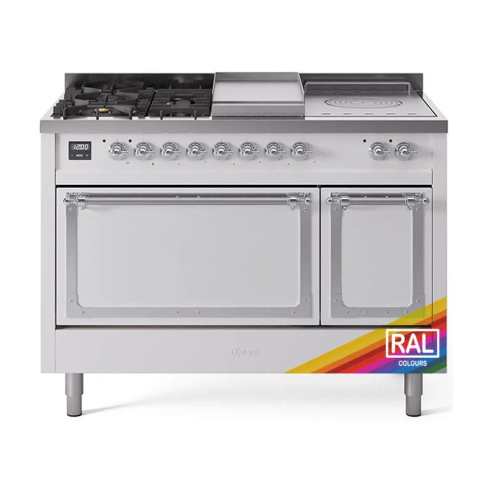 Ilve UN48FSQNMPRAC Ilve Un48Fsqnmprac Nostalgie Ii Noblesse 48" Dual Fuel Range (5 Sealed Burners   Griddle   French Top, Natural Gas, Solid Door, Ral, Chrome) Freestanding Ranges freestanding dual fuel range 30 inch