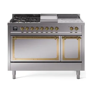 Ilve UN48FSQNMPSSG Ilve Un48Fsqnmpssg Nostalgie Ii Noblesse 48" Dual Fuel Range (5 Sealed Burners   Griddle   French Top, Natural Gas, Solid Door, Stainless Steel, Brass) Freestanding Ranges freestanding dual fuel range 30 inch