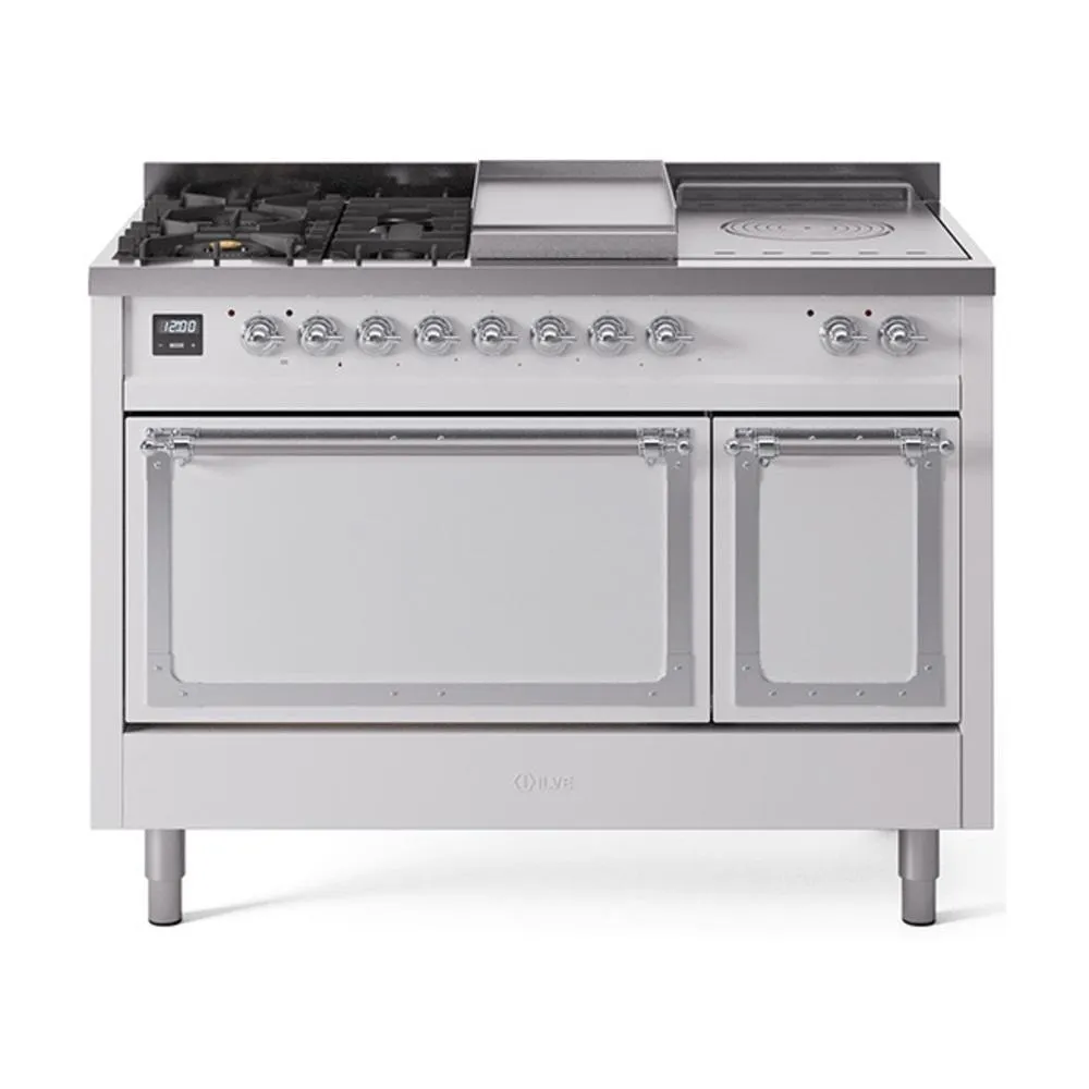 Ilve UN48FSQNMPWHC Ilve Un48Fsqnmpwhc Nostalgie Ii Noblesse 48" Dual Fuel Range (5 Sealed Burners   Griddle   French Top, Natural Gas, Solid Door, White, Chrome) Freestanding Ranges freestanding dual fuel range 30 inch