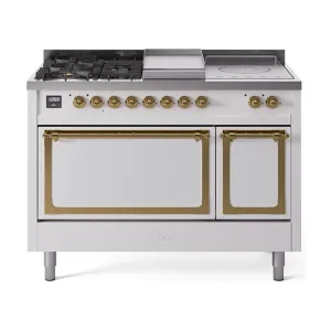 Ilve UN48FSQNMPWHGLP Ilve Un48Fsqnmpwhglp Nostalgie Ii Noblesse 48" Dual Fuel Range (5 Sealed Burners   Griddle   French Top, Liquid Propane, Solid Door, White, Brass) Freestanding Ranges freestanding dual fuel range 30 inch